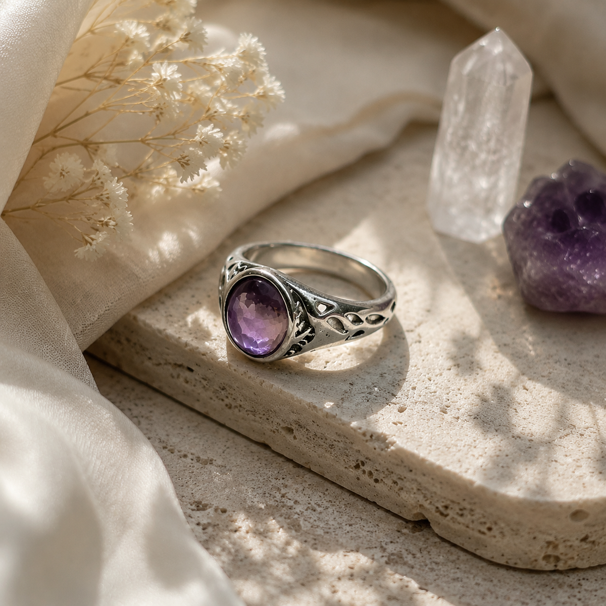 Amethyst Openwork Silver Ring